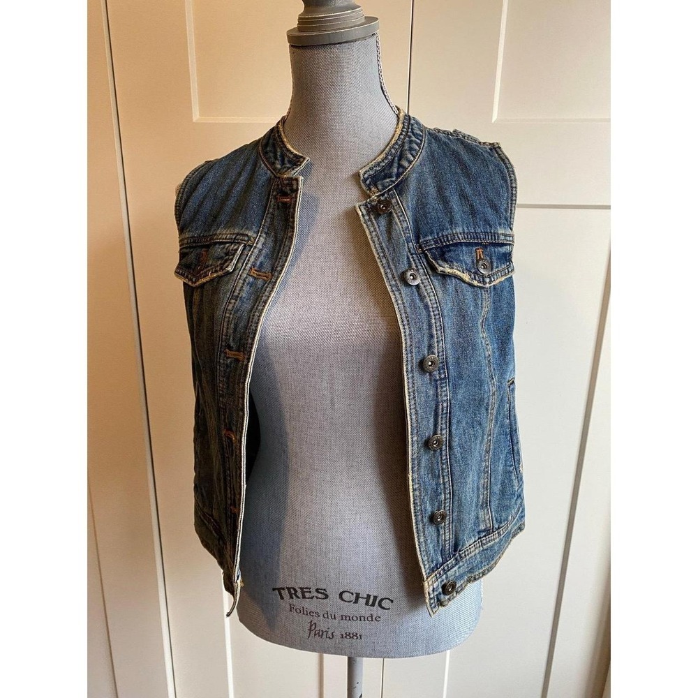 Free People Vest Denim Jean XS Boho Biker Western Festival Adjustable Ties sku52